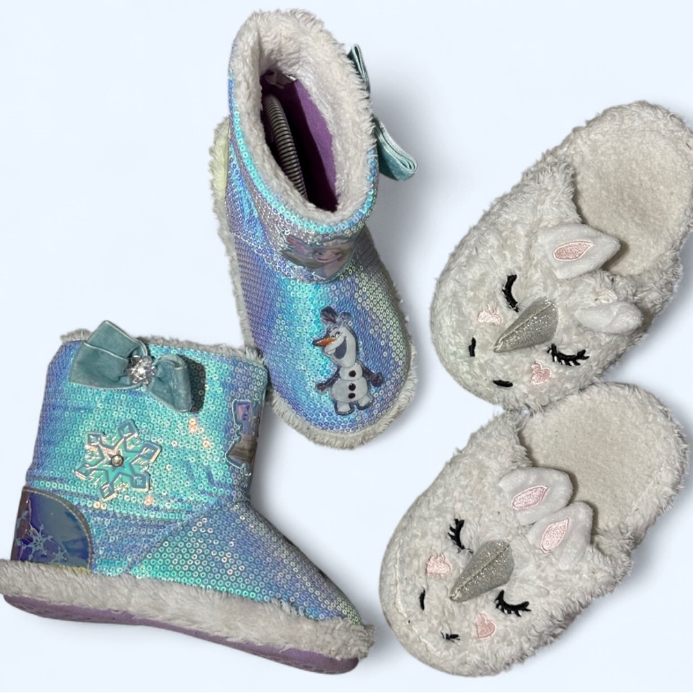 Girls’ Slippers Bundle Frozen Olaf Unicorn Fuzzy Toddler Little Kids size 11